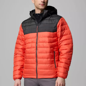 Blouson long matelassé à capuche et col montant pour homme, coupe-vent, hiver, décontracté, fermeture éclair frontale, coupe régulière, orange et noir, rembourrage en polyester - Product Image 1