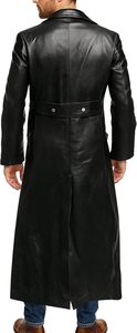 Men's Genuine Leather Long Parka Double Breasted Turn-down Collar Regular Sleeve Breathable Embossed <b>Black</b> Outerwear - Product Image 5