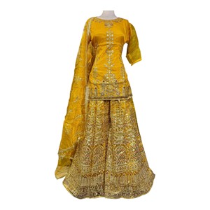 Salwar Kameez de Seda Amarillo Bordado, Vestido de Novia Tradicional para Mujer, Largo hasta el Suelo, Listo para Usar, Estilo India Pakistán - Product Image 2