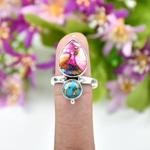 Pink And Blue <b>Turquoise</b> Gemstone Tear Shape Boho And Hippie Style <b>Ring</b> 925 Sterling Silver Handmade Fine Jewelry For Women - Product Image 2
