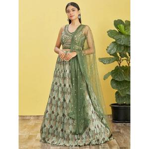 Attractive <b>Green</b> Embroidered Work Chinon Reception Lehenga Choli - Product Image 1
