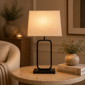 Halo Loop Metal Table <b>Lamp</b> with Open Frame Design Linen Shade Durable Iron Base Elegant Accent Lighting for Home Decor - Product Image 1