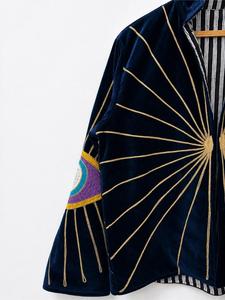 Bohemian Navy <b>Velvet</b> Embroidered Suzani <b>Jacket</b> with Eye Pattern Full Sleeve Stand Collar Handmade Winter Outerwear - Product Image 5