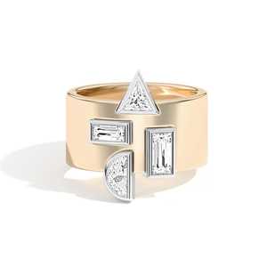 Anillos llamativos de oro macizo de 14K y 18K con diamantes cultivados en laboratorio de corte baguette trillón de media luna, engastados en bisel, de 10 mm de ancho, tipo banda de cigarro, al por mayor - Product Image 1