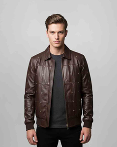 Chaqueta de Cuero Genuino para Hombre, Estilo Motero, con Detalles de Remaches, Cuello Camisero, Cierre de Cremallera, Estilo Otoñal, 2026 - Product Image 1