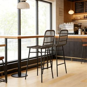 Black Rattan Bar <b>Stool</b> <b>Dining</b> Chair with Two Bars Set of Two - Product Image 1