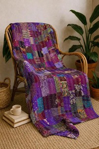 Purple Patchwork Bedspread <b>Handmade</b> Silk Kantha <b>Quilt</b> Indian Silk Throw Blanket - Product Image 2