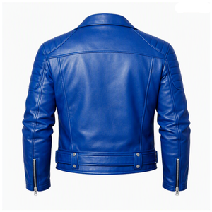 Chaqueta de Motociclista de Cuero Genuino Azul para Hombre, Transpirable, para Invierno, con Cierre de Cremallera y Cinturón en la Cintura, Estilo Motero - Product Image 3