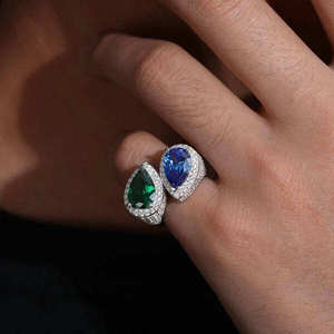 Anillos de diamantes de corte pera en oro blanco para mujer con piedras centrales verdes y azules, diamantes de color fantasía, estilo de lujo, certificado GIA. - Product Image 5