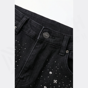Jean en denim noir slim à taille haute pour homme avec motif à pois pailletés, style décontracté d'automne, coupe droite, en coton - Product Image 4