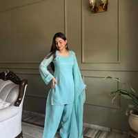 Setelan Kurta Sutra Biru Langit Siroski dengan Hiasan Berlian, Dupatta Renda Mewah, Salwar Jahit, Gaun Etnik dengan Hiasan Berlian, Bahan Berkilau