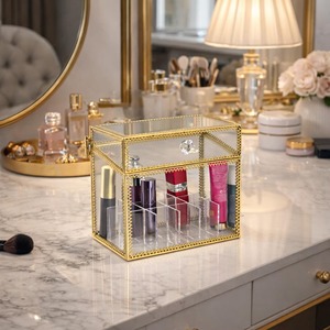 Lavish Glass And Metal Gold Edge Lipstick <b>Box</b> Organizer For Vanity Storage And Luxury Makeup Display Handcrafted From India - Product Image 6