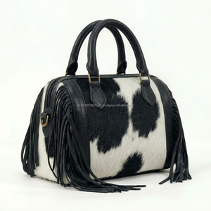 Black And White Hair On Hide Cowhide Mini Duffle Bag Western Fringe <b>Purse</b> Boho Cowgirl Speedy Handbag Women Trendy Boston <b>Purse</b> - Product Image 1