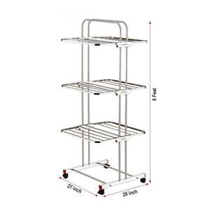 <b>Foldable</b> Stainless Steel Three Layer <b>Clothes</b> <b>Drying</b> <b>Rack</b> Movable Floor Standing Laundry Organizer Space Saving Storage - Product Image 1
