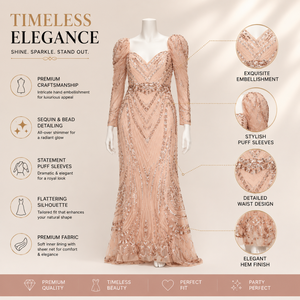 Designer Blush Pink Beaded Evening Gown for Women Luxury Embroidered Puff Sleeve Formal Party Dress Elegant Mermaid Maxi Outfit - Product Image 5