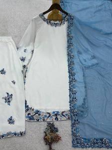 Ensemble Kurti Palazzo brodé blanc et bleu élégant avec dupatta en tulle – Tenue de soirée ethnique de créateur pour femme - Product Image 6