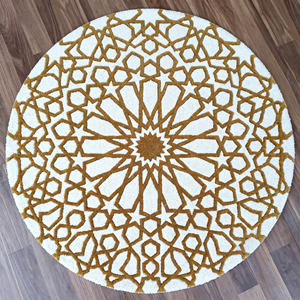 Tapis en laine géométrique rectangulaire couleur or moutarde ivoire, tufté à la main, antidérapant, motif étoile radiale, motifs mosaïques décoratifs - Product Image 1