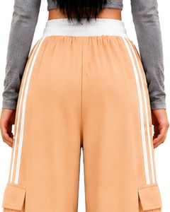 Pantalon cargo ample pour femme, couleur beige pêche, avec bandes latérales blanches, taille haute, coupe décontractée, style streetwear, personnalisable par le fabricant - Product Image 6