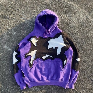 Sweat-shirt à capuche surdimensionné violet patchwork avec découpes, en coton tricoté, manches classiques, pour l'automne 2026 – Vente en gros - Product Image 1