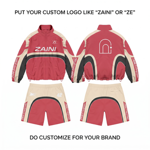 Premium 120 GSM Knitted Polyester Windbreaker Short Set <b>Red</b> for Black Custom Logo Embroidered Quick Dry Hooded Men's Street - Product Image 1