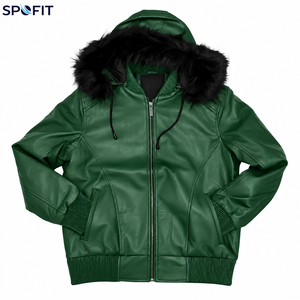 High Quality <b>Red</b> Hooded <b>Leather</b> <b>Jacket</b> <b>Men</b> Casual Winter Zip Up Biker Coat with Fur Trim Regular Fit - Product Image 5