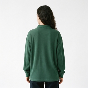 Women Long Sleeve Waffle <b>Polo</b> <b>Shirt</b> Loose Fit Drop Shoulder Button Turn Collar <b>Polo</b> Tee Casual 100%Cotton Baggy Waffle <b>Polo</b> Tee - Product Image 3
