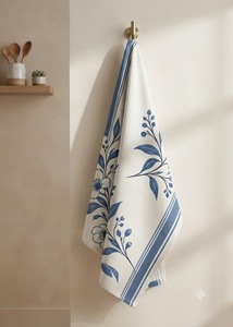 Essuie-tout en coton de qualité supérieure |   Essuie-mains de cuisine à imprimé floral botanique bleu avec bordure |   Serviette de cuisine décorative de style européen élégant - Product Image 4