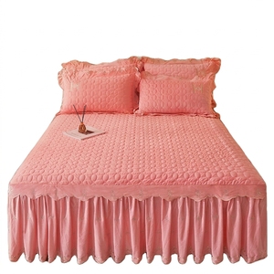 Pink Quilted <b>Bed</b> Skirt Ruffle Hem Matching Pillow Shams for Home Wedding Use Modern Style Cotton 200TC Eco-Friendly Breathable - Product Image 1