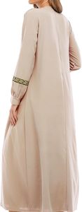 Abaya beige pour femmes, manches longues, col rond, robe longue modeste avec broderie géométrique, style Moyen-Orient, coton, tenue quotidienne - Product Image 6