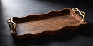 Plateau de service rectangulaire en bois de manguier teinté noyer, plateau décoratif en bois avec poignées en forme de branche dorée - Product Image 2