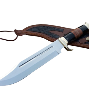 Couteau de chasse Bowie artisanal en acier D2 avec manche en corne de buffle noir, poignée en cuir marron, lame argentée, étui en cuir, pour l'extérieur - Product Image 5