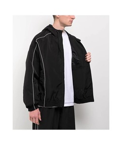 Men's Hooded Racer <b>Jacket</b> Black Polyester Zipper Closure Windproof Casual Autumn Wear Regular Fit Solid Color - Product Image 2