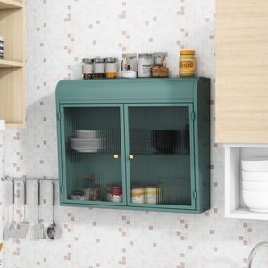 Armadietto Metallico a 2 Ante Verde Militare da Parete con Porte in Vetro Temperato per Bagno, Cucina o Soggiorno - Product Image 3
