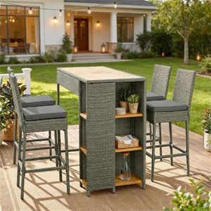 Juego de Muebles de Patio para Bar al Aire Libre de 5 Piezas en Gris, Incluye Mesas y Sillas - Product Image 1