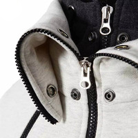 Veste à capuche pour homme gris-noir, col montant, double fermeture éclair, panneau contrastant, en molleton de coton, coupe ajustée et chaude