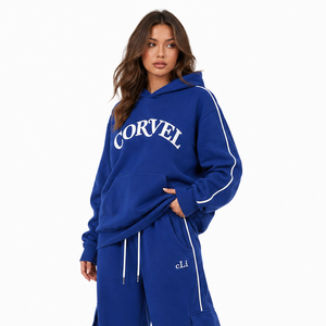 Ensemble de survêtement bleu pour femme avec sweat-shirt à poche et pantalon cargo large à empiècements, personnalisable avec logo, commande en gros - Product Image 4