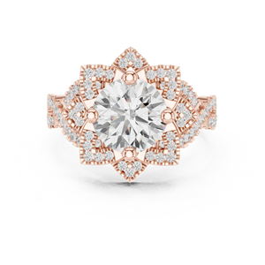 Anillo de Halo Geométrico con Moissanita de Corte Redondo para Mujer, Oro Rosa sobre Plata de Ley, con Acentos de Milgrain y Pavé, Joyería Nupcial - Product Image 1
