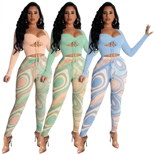 Women's 2 Piece Printed Long Sleeve Lace Up Top With Full Length Pants <b>Set</b> Breathable Skinny Fit Spring Summer Fashion - Product Image 4