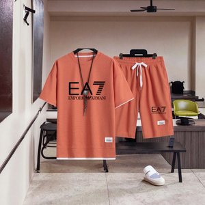 Men's Summer Waffle <b>Knit</b> T-Shirt and Shorts <b>Set</b> Breathable Casual Wear Orange Crew Neck Short Sleeve - Product Image 6