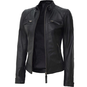Chaqueta de Motocicleta Ecológica para Mujer, Otoño, con Decoración de Letras en Proceso Crudo, Cierre de Cremallera, Cuero Genuino - Product Image 3