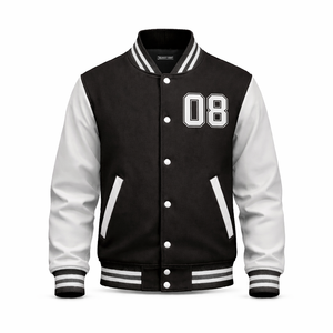 Veste universitaire noire personnalisée OEM, veste de baseball en laine avec manches en PU, vente en gros - Product Image 1