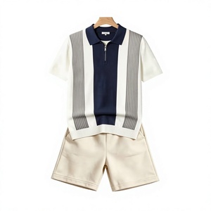 Men's Color Blocking Polo Shirt And Shorts Set Knitted Casual Summer Wear Breathable Cotton Polo Collar Design - Product Image 1