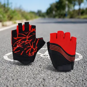 High Quality Half Finger Leather Cycling <b>Gloves</b> Red <b>Black</b> Unisex Summer Fitness Workout with Hook Loop Closure - Product Image 4