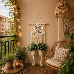 Meilleures ventes : Décoration murale bohème géométrique en macramé avec pompons, faite à la main pour l'intérieur/l'extérieur, idéale pour la décoration du salon - Product Image 1