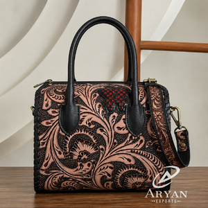 Custom Handmade Genuine Leather Hand <b>Tooled</b> Crossbody Hand Bag for Women New Floral Design Travel Weekender Speedy Duffel Bags - Product Image 1