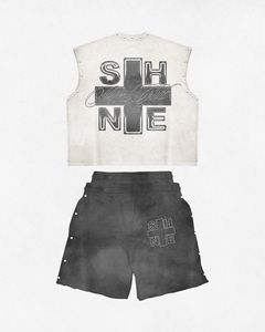 SHINE Men's Cotton Tank <b>Top</b> Set Crew Neck Sleeveless Street Style Summer Breathable Knitted Shorts With Logo Print - Product Image 2