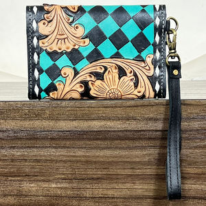New Arrival Tooled Leather Wallet Checkered Pattern Cowgirl <b>Wristlet</b> Wallet Boutique Clutch Purses RFID Card Holder Organizer - Product Image 5