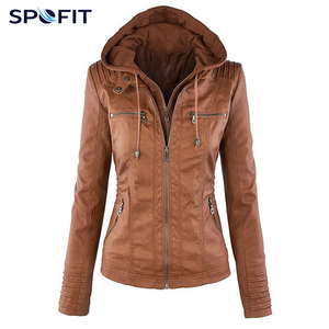 Blouson à capuche personnalisé pour femme, coupe ajustée décontractée, coupe-vent, fermeture éclair, en cuir PU avec capuche amovible, automne, OEM ODM - Product Image 4