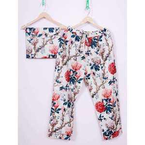 Ensemble pyjama femme en satin de coton à col en V, pantalon long et chemise, taille élastique, respirant, imprimé numérique, collection automne 2026 - Product Image 2