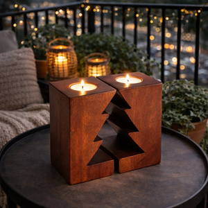 Christmas <b>Tree</b> Cut Square Wooden Double Tea <b>Light</b> Candle Holder-Home & Decorative Use for Christmas Easter Parties Winter Decor - Product Image 2